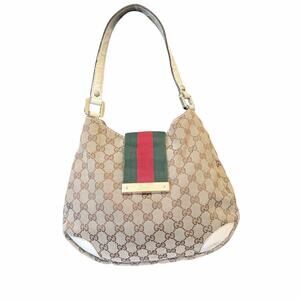 Gucci New Britt GG Canvas Web Stripe Bow Hobo Shoulder Bag Beige Monogram